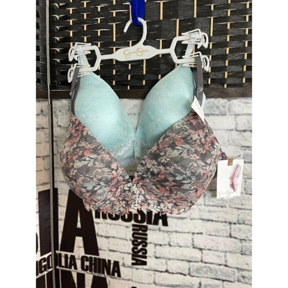 Jessica Simpson 2 Pk 38C Gray-Turquoise Floral Lace Wireless Extra Comfort Bra